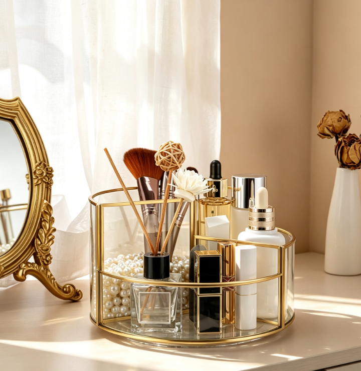 3-Slot Rotating Glass Makeup Organizer