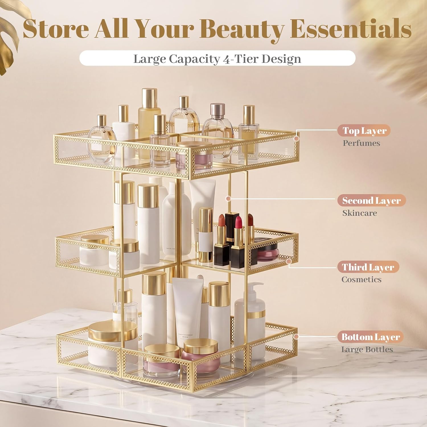 4-Tier Rotating Glass Makeup Organizer - Image 2
